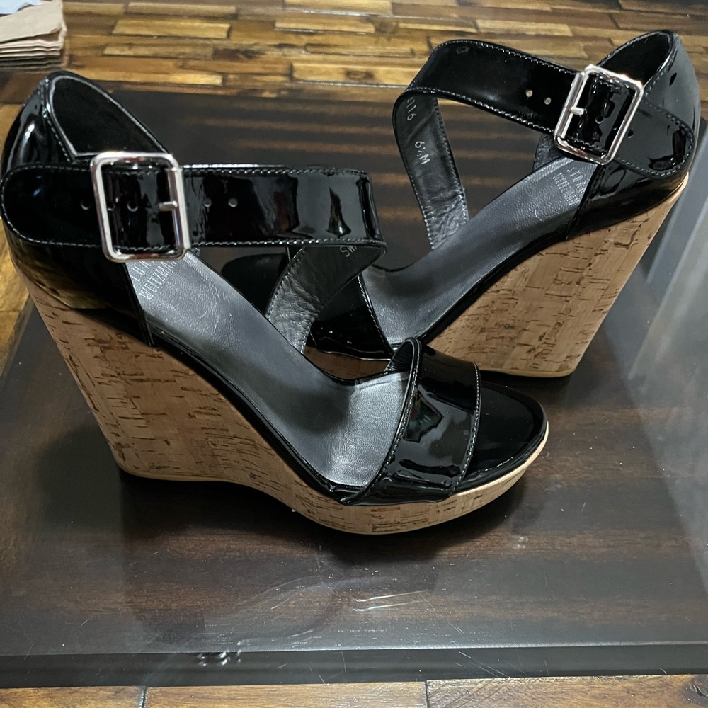 Stuart Weitzman Oneliner Black Cork Wedge Sandals Size 6.5